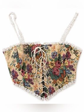 ROMWE Floral Corset Top Ren Faire Medieval Tapestry Lace-Up Bustier Size S